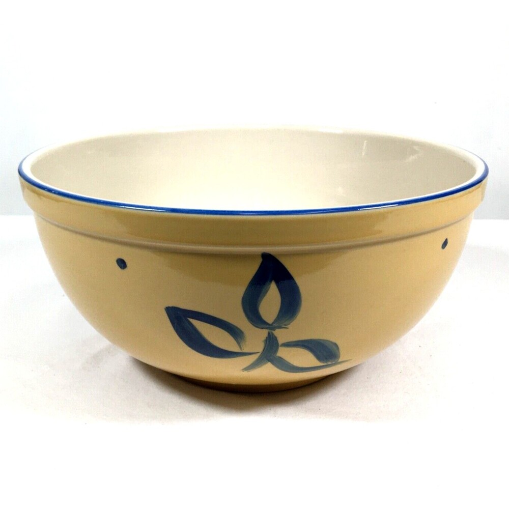 Vtg Yellow Ware Ceramic Blue Floral Leaf 8.5" Mixing Bowl Serving Farm Décor 452